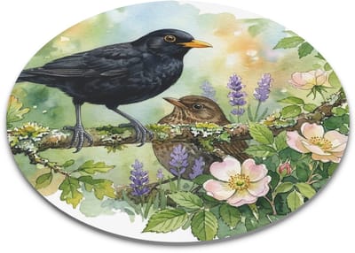 Ronde Muismat "Aquarel Series" Merel Koppel in de Natuur - Lieve Vogelprint - Lief Tuinvogel Cadeau met Bloemen & Planten voor haar: Vrouw, Vriendin & Collega - Decoratieve Computermuis Mat - Bureau Accessoire voor Thuiswerkplek & Kantoor