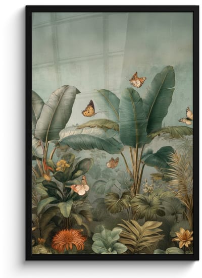 Poster in lijst - Fotolijst 60x90 cm - Posters - Tropisch bladerdek - Vlinders - groen - Bruin - Posterlijst zwart - Decoratie - Wanddecoratie woonkamer - Muurdecoratie slaapkamer