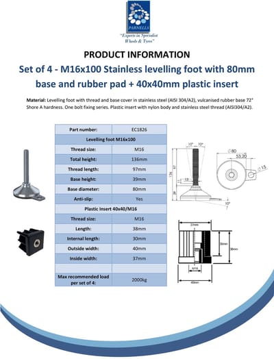 Roestvrijstalen voet M16x100 met voetplaat van 80 mm, onderlegplaatje en bevestigingsgat + inzetstuk 40x40x1,5 mm – Set van 4
