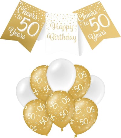 Paperdreams Luxe 50 jaar feestversiering set - Ballonnen & vlaggenlijnen - wit/goud