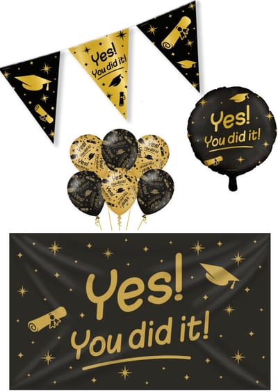 Classy party Yes you did it versieringspakket – geslaagd – school – examen – vlag – gevelvlag – ballon – paperdreams