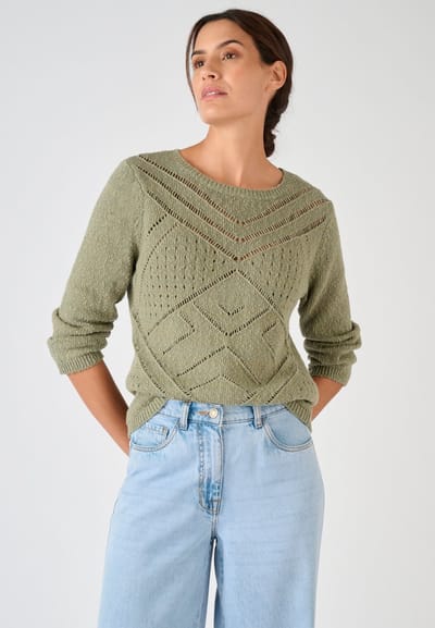 Damart - Trui opengewerkt tricot zuiver katoen - Dames - Groen - XS