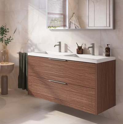 Saqu Lima badmeubel incl. dubbele glans witte wastafel 120x51x64cm noten urban – rvs greep