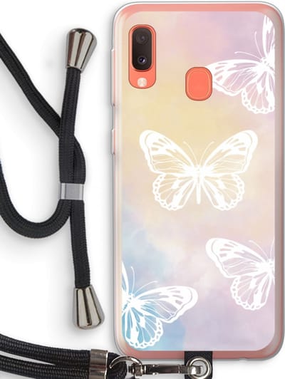 Case Company® - Hoesje met koord geschikt voor Samsung Galaxy A20e hoesje met Koord - White butterfly - Telefoonhoesje met Zwart Koord - Bescherming aan alle Kanten en Over de Schermrand