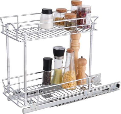 Uitschuifbare kastorganizer voor smalle kast (9" B X 17" D), 2-laags uittrekbare planken slanke schuifkast organizer en opslag, chroom