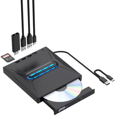 Externe CD/DVD-drive met 4 USB-poorten, 2 Type-C-poorten & SD/TF-lezer – USB 3.0 Brander/Lezer voor Laptop, MacBook & Desktop