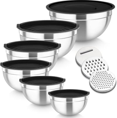 Mengkommen, 6-delige set, roestvrij stalen kommenset, slakommenset met deksel voor keuken, 3 raspopzetstukken en luchtdicht deksel, 4,6 l/2,8 l/2,5 l/1,6 l/1,2 l/0,7 l, zwart, stapelbaar en