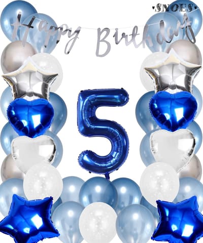 Snoes Ballonnen 5 Jaar Set Mega Blauw Zilver Ballon - Compleet Feestpakket Cijferballon 5 Jaar - Verjaardag Versiering Slinger Happy Birthday – Folieballon – Latex Ballonnen - Helium Ballonnen