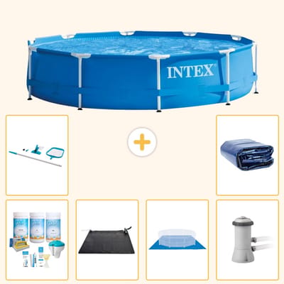 Intex Rond Frame Zwembad - 366 x 76 cm - Blauw - Inclusief Onderhoudspakket - Solar Mat - Grondzeil - Zwembadfilterpomp - Schoonmaakset - Solarzeil - 7-delig