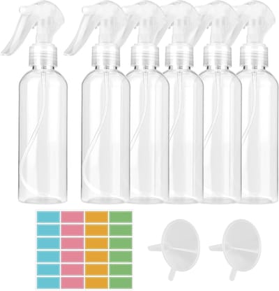 Set van 6 Sprayflessen van 200ml met Fijne Mist, 24 Labels en 2 Trechters voor Huishoudelijk Gebruik, Tuinonderhoud en Haarverzorging