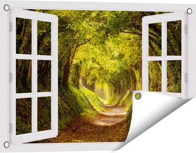 Gards Tuinposter Doorkijk Pad in het Bos met veel Bladeren - 60x40 cm - Tuindoek - Tuindecoratie - Wanddecoratie buiten - Tuinschilderij