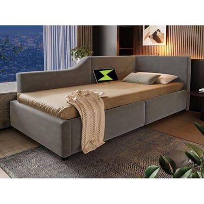 ModernLuxe Opbergbed 90x190cm - Fluwelen slaapbank - met leeslampje en oplaadpoorten - met lattenbodem - Grijs