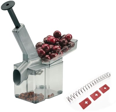 Westmark kersenontpitter met trechter en grote opvangbak, inclusief set slijtdelen, 4 stuks, kunststof/RVS/aluminium, Kirschomat, zilver/zwart/transparant, 407022E6