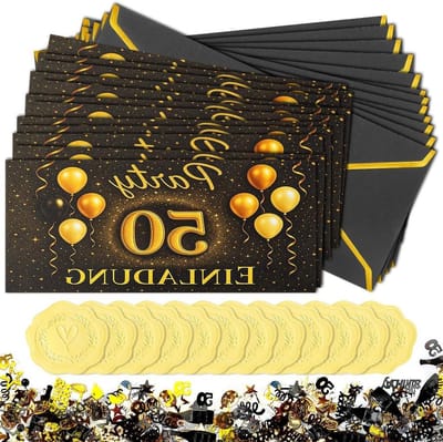 Uitnodigingen Verjaardagsfeest Zwart en Goud - Set van 12 kaarten - Glanzend Ontwerp - Voor Mannen en Vrouwen - Inclusief Enveloppen - Met Lintdecoraties - Geschikt voor 50-jarige Verjaardagvieringen