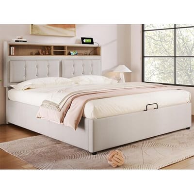 ModernLuxe Opbergbed 140x200 cm in linnenstof - verstelbaar hoofdeinde met stopcontacten - met lattenbodem - Beige
