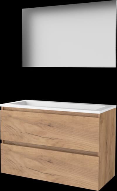 Basic-Line Basic 46 Badkamermeubelset - 100 x 46 cm - Greeploos - 2 Lades - Acryl Wastafel - Zonder Kraangat - Spiegel - Whisky Oak