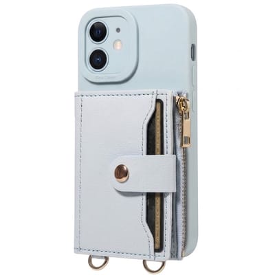 Lichtblauw telefoon hoesje met portemonnee en rits geschikt voor iPhone 11 – kunstleer beschermende wallet case voor dames en heren met pasjeshouder, druksluiting, draagkoord bevestiging en standaard functie