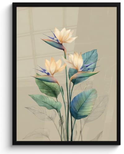 Poster in lijst - Fotolijst 60x80 cm - Posters - Paradijsvogelbloemen - Blauwgroene bladeren - Beige - Posterlijst zwart - Decoratie - Wanddecoratie woonkamer - Muurdecoratie slaapkamer