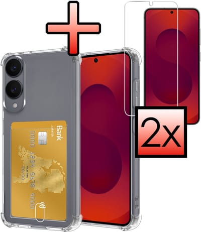 Hoesje - Geschikt voor Samsung Galaxy S25 Edge - Met 2x Screenprotector - Pashouder - Kaarthouder - Telefoon Hoes Shockproof - Siliconen Case - Back Cover - Shock Proof - Pasjes Houder - Transparant
