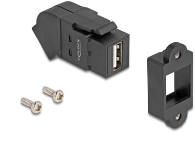 USB-A haaks (45°) Keystone module | met inbouwframe | USB2.0 | zwart