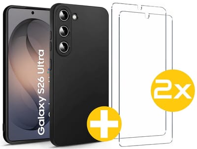 Hoesje en Screenprotector Combi Geschikt Voor Samsung Galaxy S26 Ultra - Zwarte Siliconen Hoesje + 2x Screenprotector