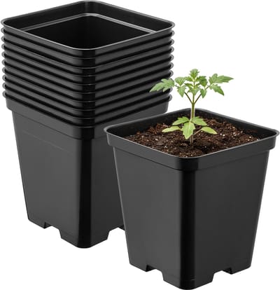 Garronda Set van 10 vierkante kunststof kweekpotten met drainagegaten voor tuin (Zwart, 9 x 9 x 9,6 cm (0,5L)) GD-KW-S