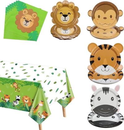 Safari Verjaardagsdecoraties - 61 Delen met Dierenvormige Papieren Borden, Jungle Tafellaken en Servetten voor Wild One Kinderverjaardag en Babyshower voor 20 Personen