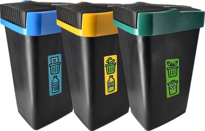 Prullenbak set van 3x 18 liter - 18L Afvalscheidingsbakken met schommeldeksel - Zwart - 42x22x16 cm - Ideaal voor Afvalbeheer