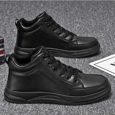 Herfst Mannen Rood Hoge Sneakers Leer Casual Schoenen Mannen Platte Designer Schoenen Ademend Hip Hop Sportschoenen voor Man Sneakers 37 black