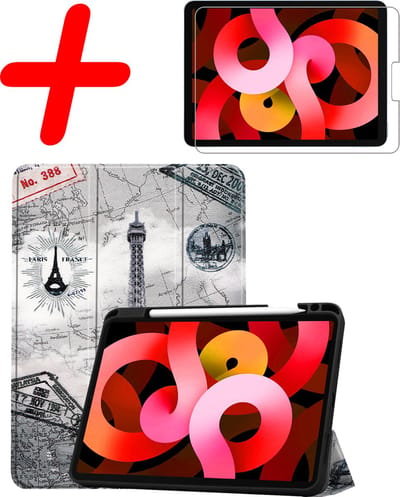 Hoesje Geschikt voor Apple iPad Air 5 (2022) - 10.9 inch - 5e Generatie - M1 - Met Screenprotector - Trifold Bookcase - Hard Cover Case - Met Uitsparing Geschikt voor Apple Pencil - Hardcover Book - Tablet Hoes - Eiffeltoren