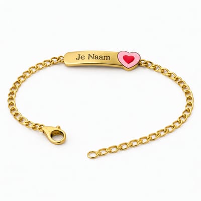 Armband met graveer, Armband met naam, Gepersonaliseerde kinderarmband met naamgravure en hartje - goudkleurig, Armband met naamplaatje ,graveerarmband