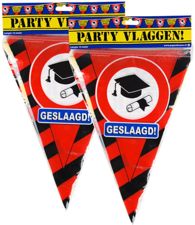 Geslaagd/afgestudeerd vlaggenlijn/slinger - 2x - waarschuwingsborden - 10 meter - plastic - versiering - feestartikelen