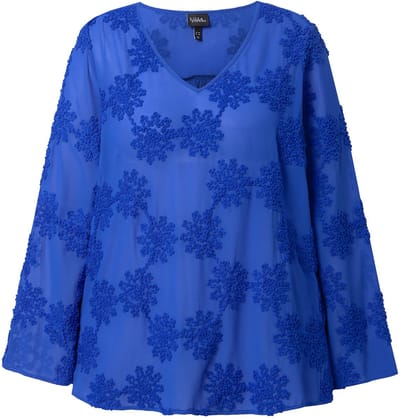 Ulla Popken - Dames - Blouse dubbellaagsbloemen V-hals 3/4-mouwen - Pauwenblauw - Maat 54+