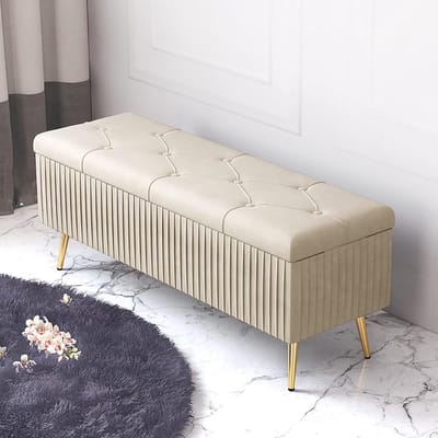 Opbergbank Fluwelen - Ottomaanse Poef - Schoenen Aantrekken - Gedetailleerd Gestikt - 90x40x45cm - Beige