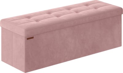 Poef met opbergruimte, inklapbare zitbank, 38 x 110 x 38 cm, voetenbank, opbergdoos, tot 300 kg belastbaar, voor woonkamer, slaapkamer, hal, pastelroze