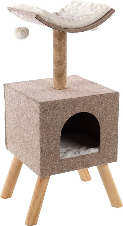Krabpaal – Flamingo Scandi Beige & Naturel & Wit – 36 × 43 × 82 cm – jute krabpaal – met ligplateau & schuilplaats – Scandinavisch design – voor katten