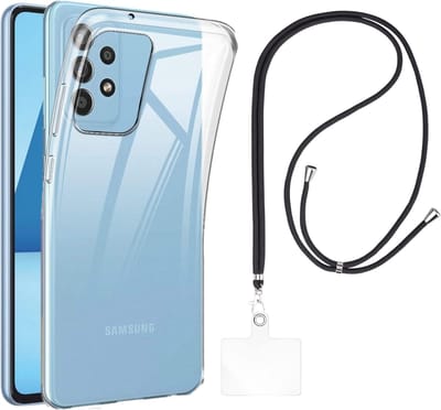 Set met hoesje en nekband voor Samsung Galaxy a23 - Flexibele, transparante TPU-bescherming, verstelbare universele nekband voor mobiele telefoons, zwarte nekband, transparante draagriem van Phonillico®