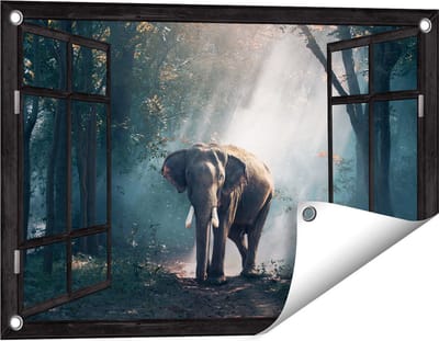Gards Tuinposter Doorkijk Olifant in het Bos met Zonneschijn - 60x40 cm - Tuindoek - Tuindecoratie - Wanddecoratie buiten - Tuinschilderij