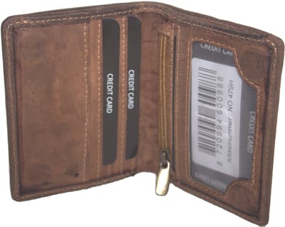 Oi Hunter bruin leren portemonneetje / klein beursje met magneet sluiting / bruine mini billfold portemonnee / compact pasjesmapje met ritsje en plaats voor wat biljetten / RFID SAFE / bruin leer / 479H