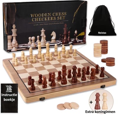 Chess&Checkers - Magnetische Schaak- en Dambord - Opvouwbaar - 2in1 Houten bord en stukken - Incl. Reistas - Schaakbord - Dambord