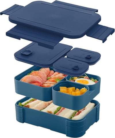 VHV-Lekvrije Bento Lunchbox met 3 Vakken - BPA-vrije Maaltijdbox voor Volwassenen en Kinderen - Magnetron en Vaatwasserbestendig - Blauwe Lunchcontainer voor Werk, School en Reizen