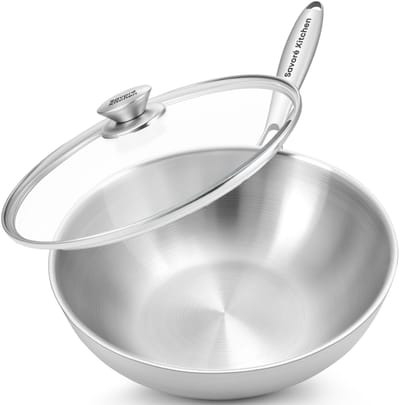 Savoré Kitchen Wokpan RVS 28 cm met Deksel – Inductie Geschikt – Wokpannen – 3-Ply – Professionele Warmteverdeling