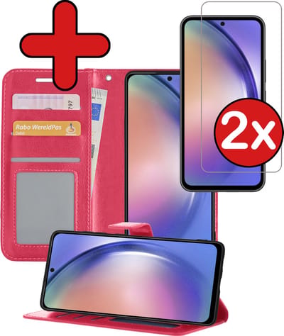 Hoesje - Met 2x Screenprotector - Geschikt voor Samsung Galaxy A54 - Luxe Pasjeshouder - Flip Case - Bookcase Portemonee - Kunstleer Book Case - Flipcase Hoes - Book Cover - Walletcase - Portemonneehoes - Telefoonhoes - Donkerroze