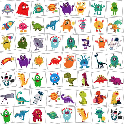 Dailygoods- Plaktattoos 96 Monsters - Ruimte/Dinosaurus - Huidvriendelijk - Tijdelijke Tattoos - Kinderfeestartikelen - 4,5 x 4,5 cm - Kindertattoos