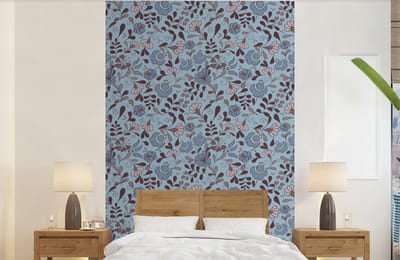 Behang - Fotobehang Patroon - Bloem - Grijs - Blauw - Breedte 140 cm x hoogte 220 cm