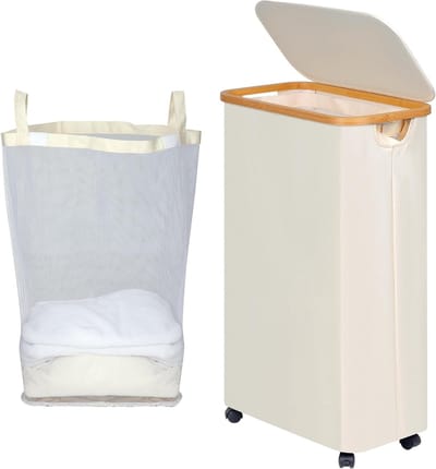 Vouwbare Wasmand met Deksel en Wielen, 75 L Capaciteit, Inclusief Afneembare Tas en Bamboe Handvatten, Ideaal voor Strijken en Opbergen