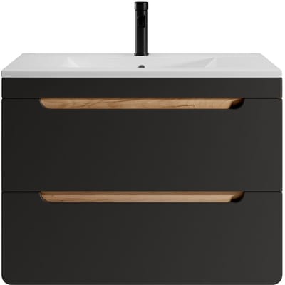 Vente-unique Zwevend badkamermeubel met inbouwwaskom - 80 cm - Licht naturel en antraciet - ARUBA
