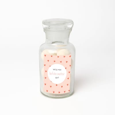Apothekersfles - Bruisballen - Ontspanning - Meter vragen - Wil jij mijn meter zijn - Meter vragen cadeau - Hartjes patroon design