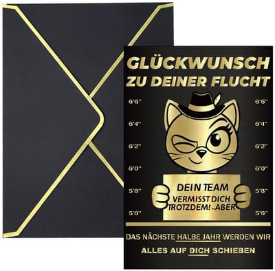 Dailygoods- Afscheidskaart Grappig Ontwerp - Hoogwaardige Kaart - Goudkleurige Envelop - Waszegel - Doordacht Design - Voor Pensioen/Afscheid - Groetkaart