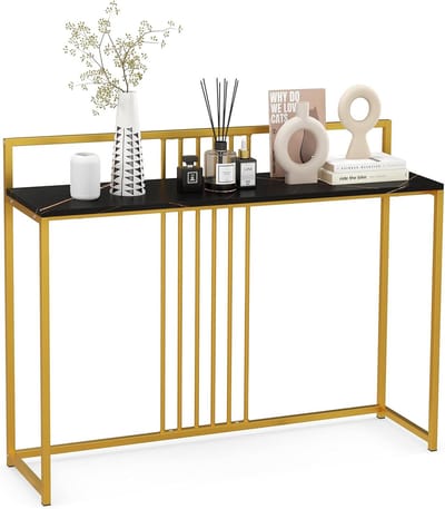 COSTWAY Consoletafel, bijzettafel, goudkleurig, haltafel, marmerlook, smal, goudkleurig metalen frame, 120 x 32,5 x 88 cm